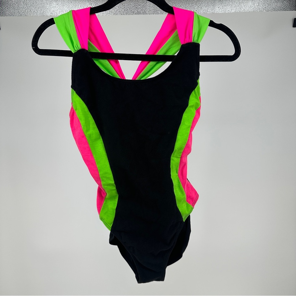 Women’s 9/10 Vintage 80’s Gloria Vanderbilt Black Pink Green One Piece‎ Swimsuit